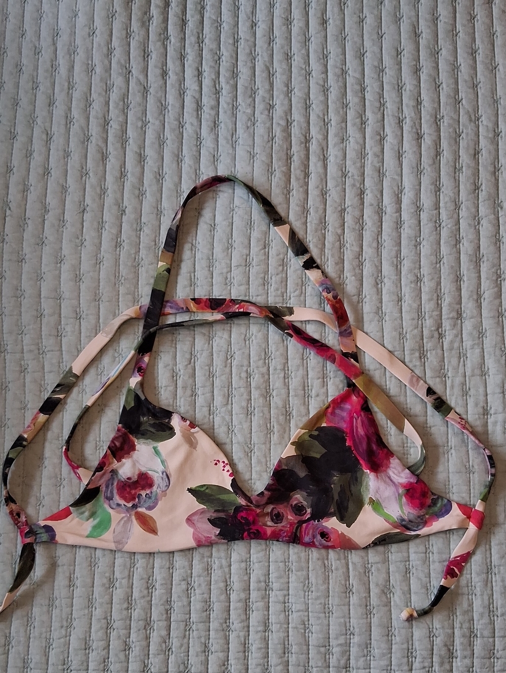 Boys + Arrows Floral Triangle Dana Bikini Top in Cream Green and Fushcia
